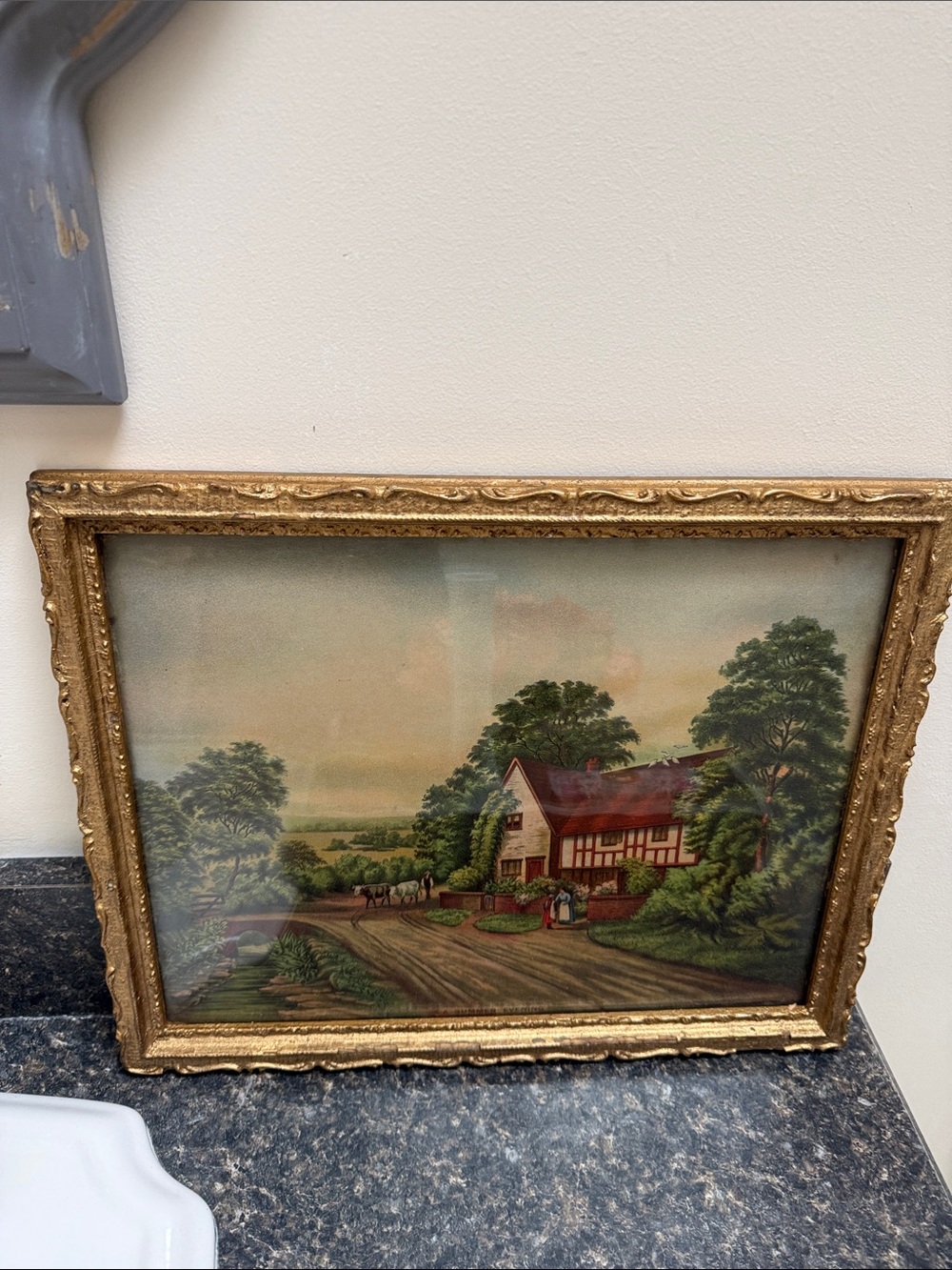 Framed Country Cottage Wall Art - Red Roof, Green Landscape 1909 print and wood